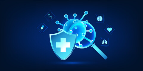 Medical technology, magnifying glasses for viewing viruses, showing the development of vaccines against viruses of the disease, for the prevention of diseases that come with the virus and treatment.