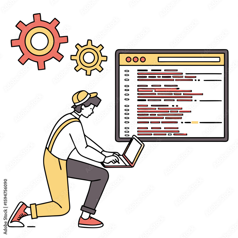 Poster a male programmer kneeling and working on a laptop with code on a large screen