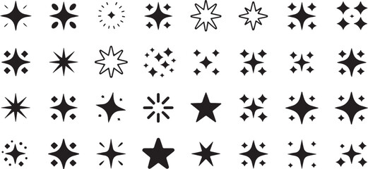 Black Sparkle Star Twinkle Icons Set Isolated on White Background Vector Graphic Design Elements 2