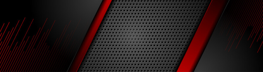 Red and black abstract glossy stripes on metallic perforated background. Technology vector banner design