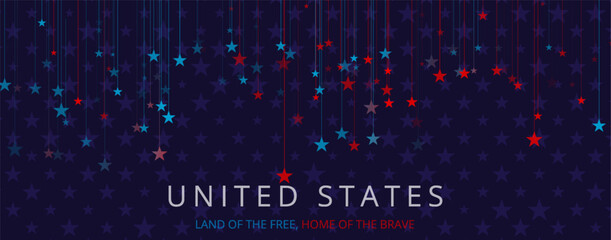 Patriotic USA banner with hanging red and blue stars on dark abstract background. Independence Day modern vector banner design