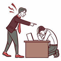 Angry Boss Yelling at Kneeling Employee at Desk
