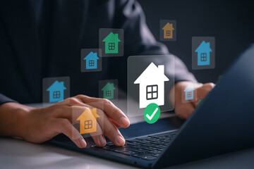 Smart property selection interface, user choosing house on laptop using digital platform, showcasing real estate listing decision process, home investment strategy, and housing search in online market