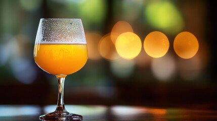 A cold glass of golden cider sits on a wooden surface with a blurred background of warm, glowing bokeh lights