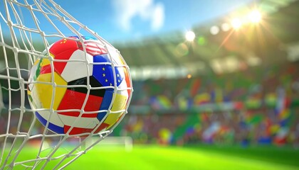 Football with European Flags in Goal Net Europe Championship 2025 3D Illustration