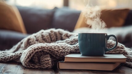 A steaming cup of coffee rests on a stack of books beside a chunky knit blanket, creating a warm and cozy atmosphere