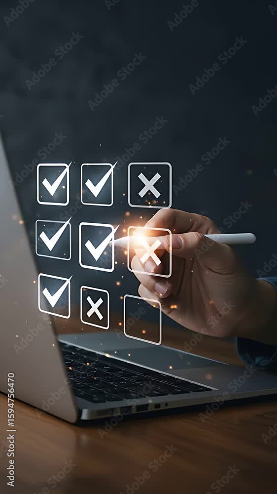 Poster digital checklist: hand completing a survey on a laptop, making selections with tick and cross icons
