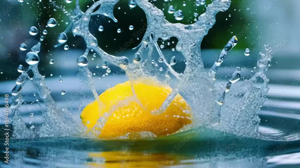 Poster lemon splashes into clear water creating vibrant droplets and ripples in a refreshing moment, lemon 