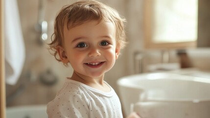 A smiling toddler stands in a bright bathroom, looking cheerful and proud while holding a potty seat