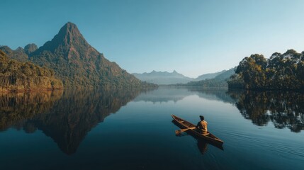 A lone traveler paddles a wooden canoe across a still, glassy lake surrounded by lush forest and towering mountains
