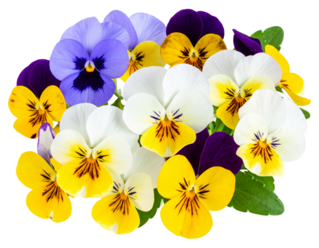 Cluster of Mixed Color Viola Flowers with Stems and Leaves, Side View, Transparent Background”
