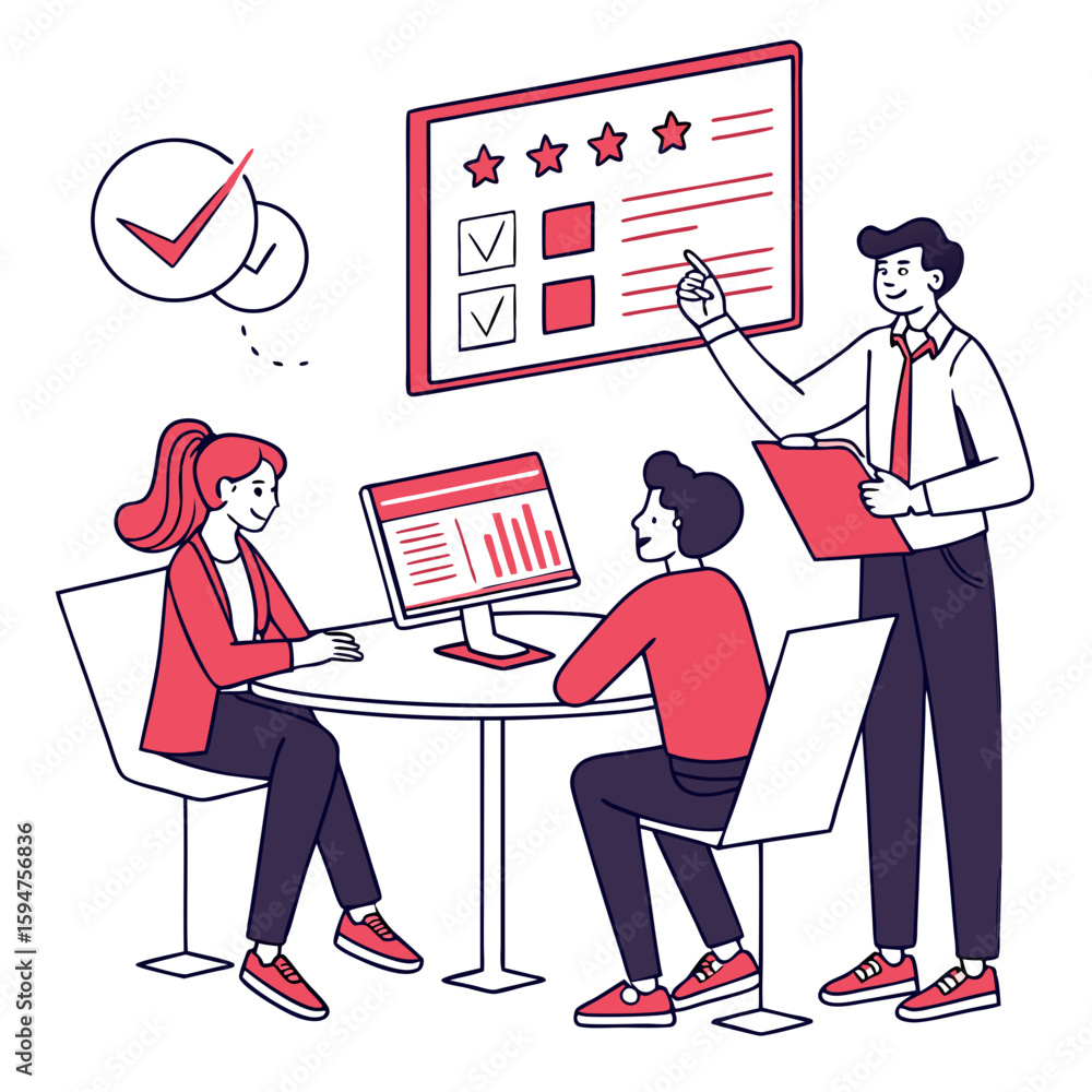 Poster business team meeting reviewing data and performance metrics