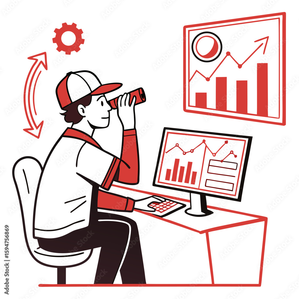 Poster Businessman Analyzing Data Charts on Computer Screen