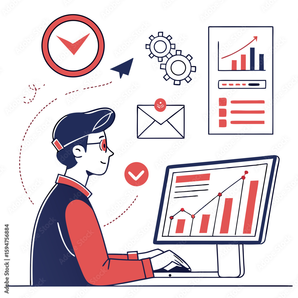 Poster businessman analyzing data on computer screen