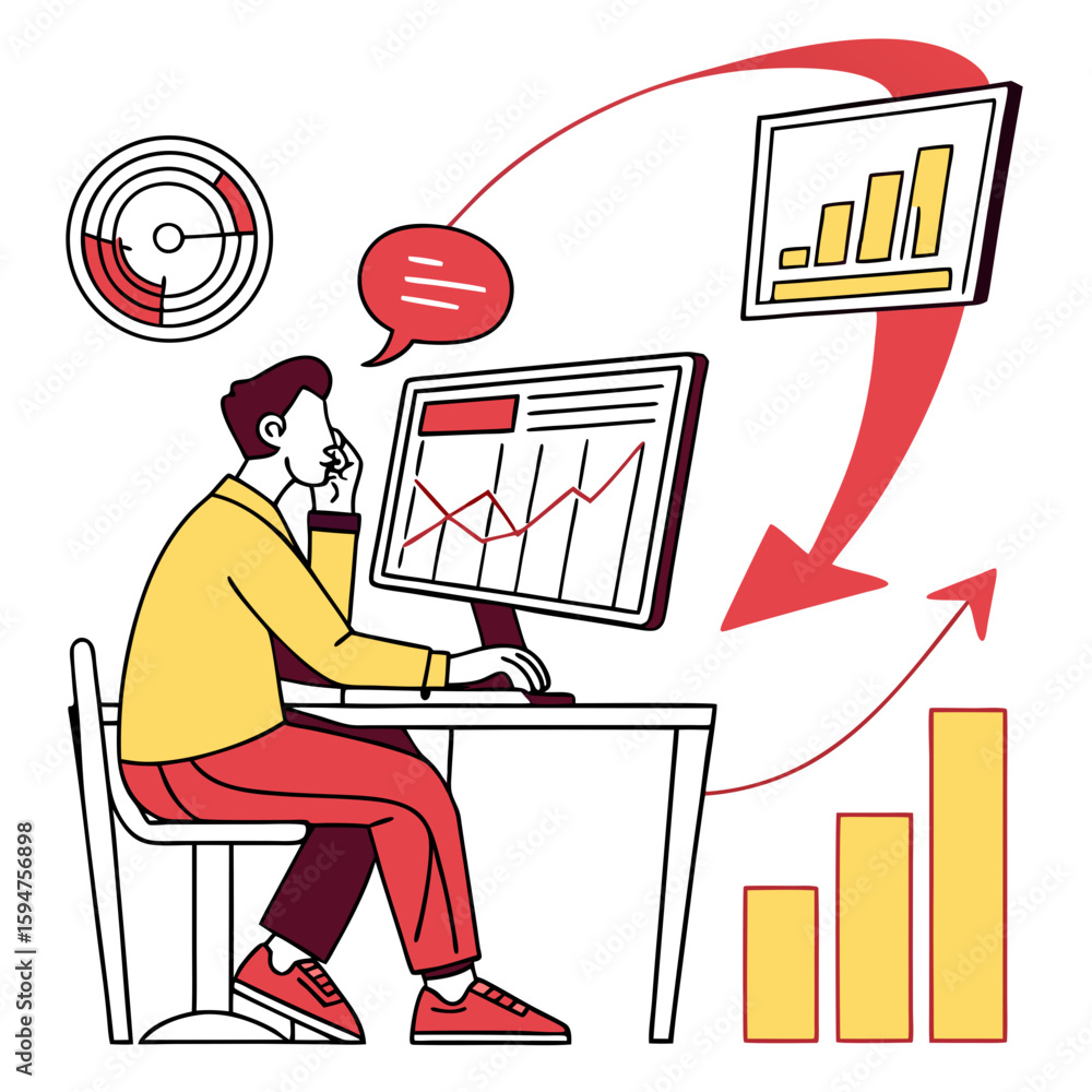 Poster businessman analyzing data on computer screen