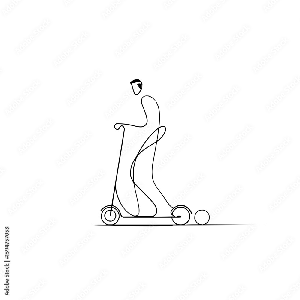 Poster continuous line drawing of a person riding a scooter with minimalist design on a white background ar
