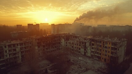 a devastated urban landscape with bombed-out apartment buildings and smoke rising in the distance