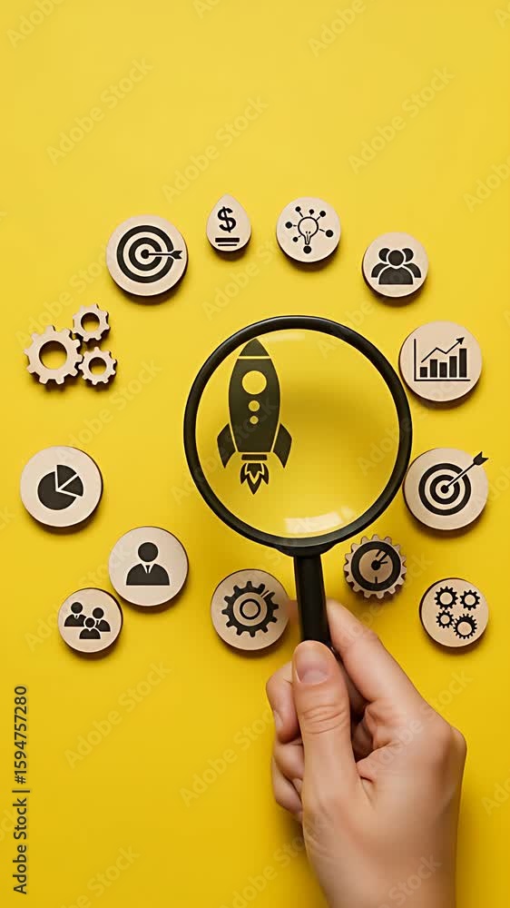 Poster startup launch vision: focusing on growth strategy and innovation with a magnifying glass to refine 