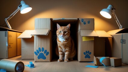 An orange cat sitting in a cardboard box surrounded by open boxes and soft lighting