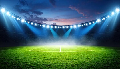 textured soccer game field with neon fog center, midfield. Empty soccer stadium with spotlight and fan tribune football team. Concept of live sport events, tournament, Large football stadium