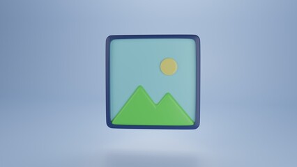 3D Render of Image Icon – Photo Gallery Symbol in Minimal Style, Photo Icon in 3D – Gallery Picture Symbol with Mountains and Sun, 3D Photo Icon – Landscape Illustration with Sun and Mountains