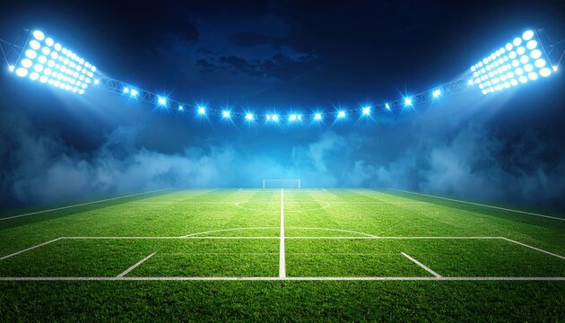textured soccer game field with neon fog, center, midfield. 3D Illustration