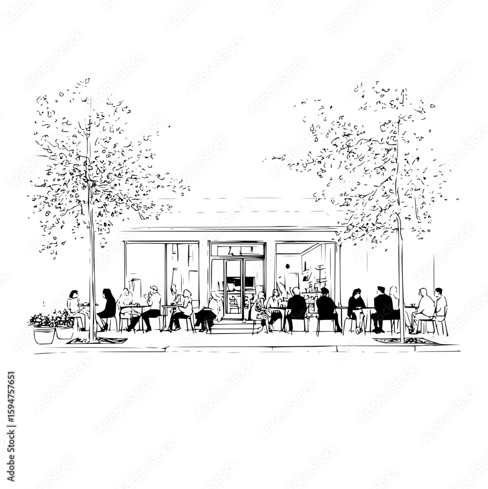 Poster people sitting at tables outside a building with trees on either side in a black and white drawing s