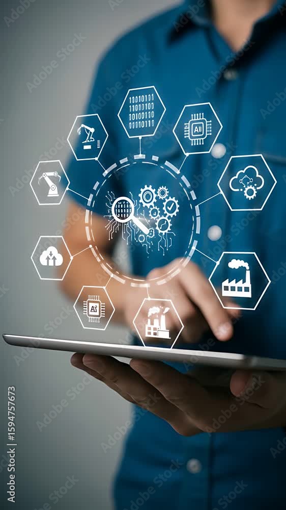 Poster industry 4.0 digital integration: adult man managing automated processes and data with digital inter