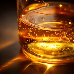 Golden liquid sparkles within a glass, illuminating its bubbly contents and creating a warm, inviting aesthetic with light refraction enhancing the drink's visual appeal.