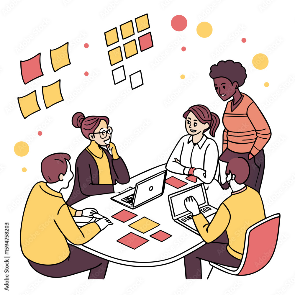 Poster diverse team brainstorming around a round table