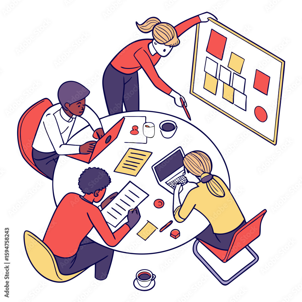 Poster diverse team brainstorming around table with sticky notes and laptops