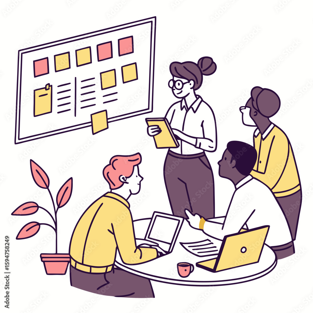 Poster diverse team brainstorming around table with sticky notes