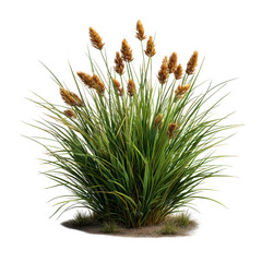 A vibrant green grass bush with brown seed heads isolated on transparent background, capturing the essence of wild nature
