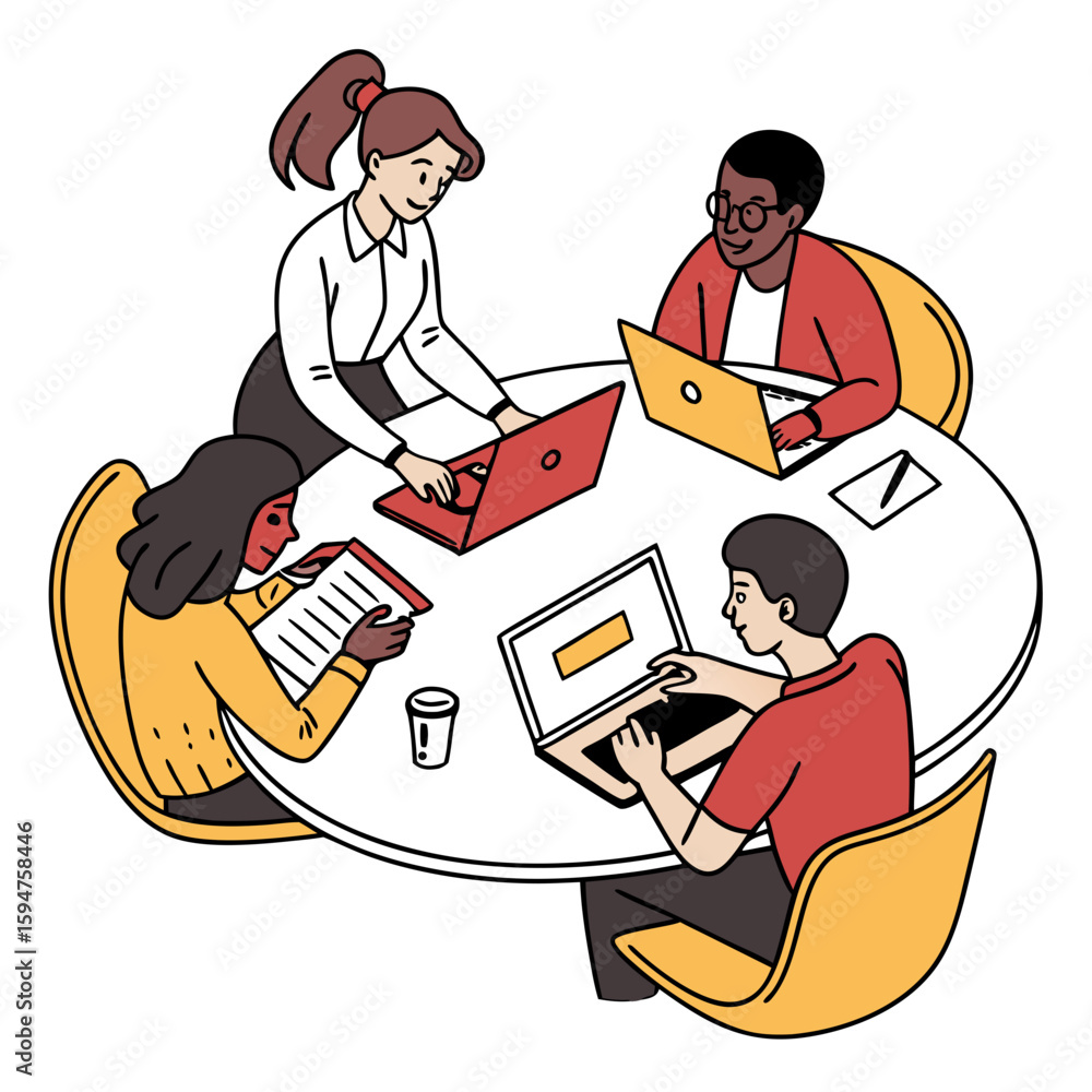Poster diverse team collaborating around a round table