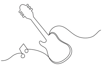 Obraz premium Guitar continuous one line drawing white background and minimalist style music and electric system isolated outline vector illustration