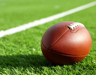 Obraz premium A vintage leather football rests on the vibrant green grass of a sports field near a white boundary line