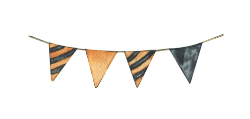 Watercolor Halloween garland with flags. Illustration of a garland with flags of orange and black colors. Festive design and decoration. Autumn holiday Halloween. © Yana