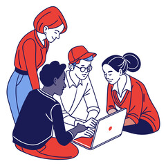 Diverse Team Collaborating on Laptop, Red and Blue Illustration