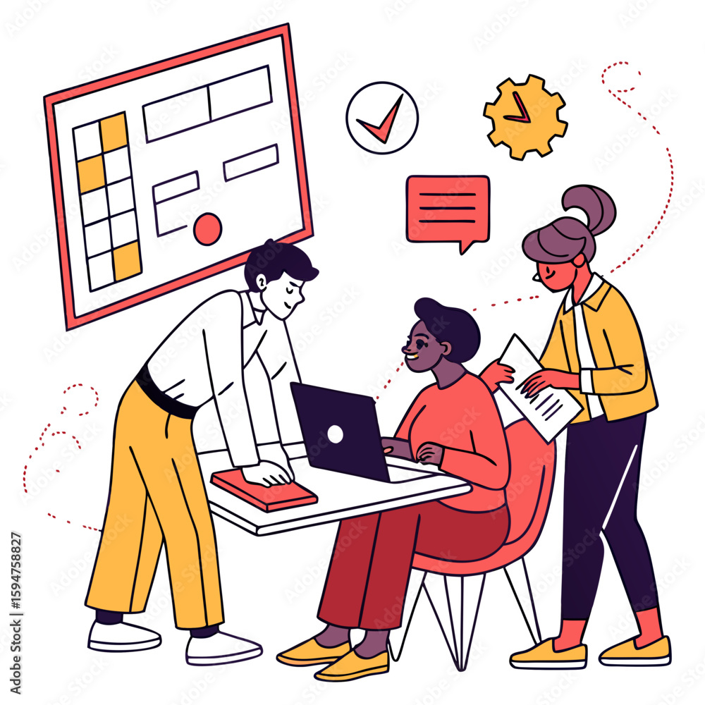 Poster diverse team collaborating on project in modern office setting