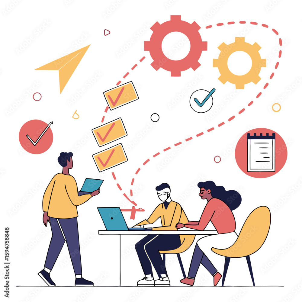 Poster diverse team collaborating on project in modern office setting