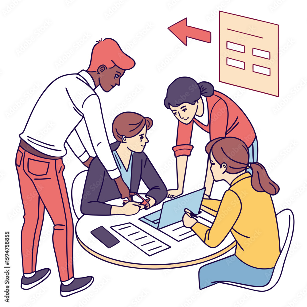 Poster diverse team collaborating on project in office setting
