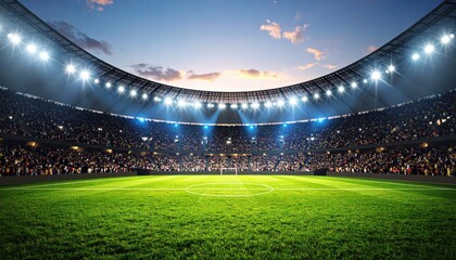 3D Render of Brightly Lit Football Stadium with Packed Crowd and Empty Field for Championship Events