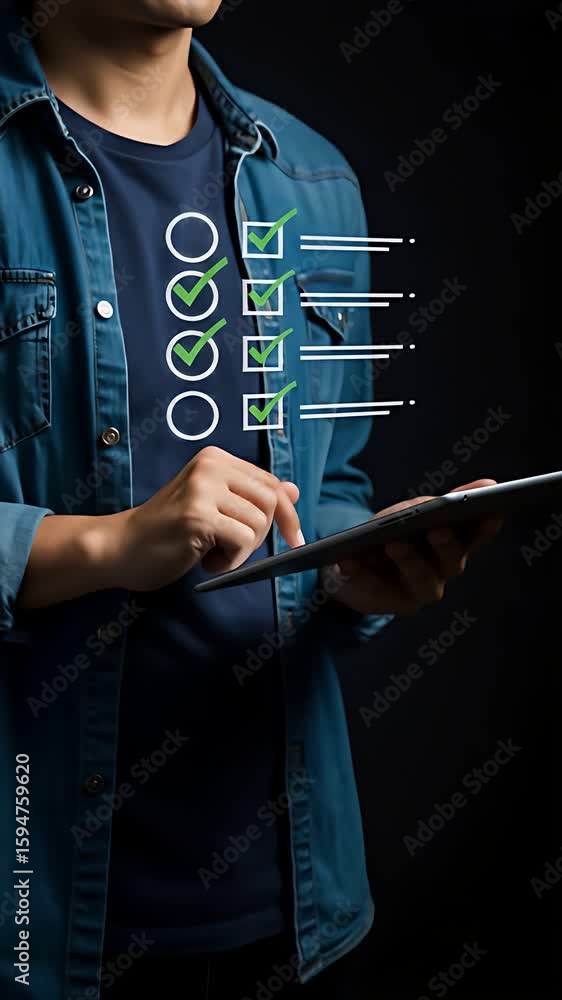 Poster checklist management: young adult man efficiently completes tasks on a digital checklist using a tab