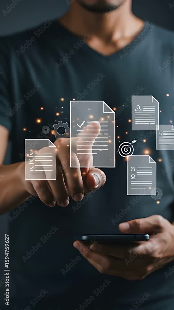 Aufkleber digital document management: south asian man navigating smart documents and task completion on phone