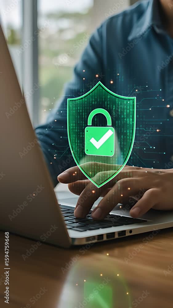 Poster data security on laptop: man ensures online protection with a secure digital shield while working fr