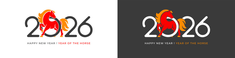 2026 Happy New Year greeting designs. 2026 logo with horse. For any design, ad, print, such as greeting card, banners, diary, notebook, calendar. Year of the horse. Vector illustration