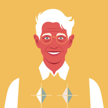 Portrait of a elderly happy man. The head of a grandfather with a with eyeglasses. The face of a businessman. Vector flat illustration