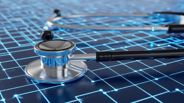 A modern stethoscope rests on a digital grid, symbolizing the intersection of medicine and technology in healthcare