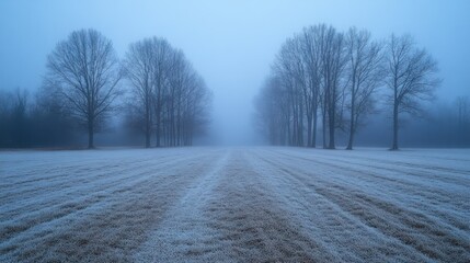 Fototapeta premium Frosty field path lined with bare trees in a misty winter landscape.