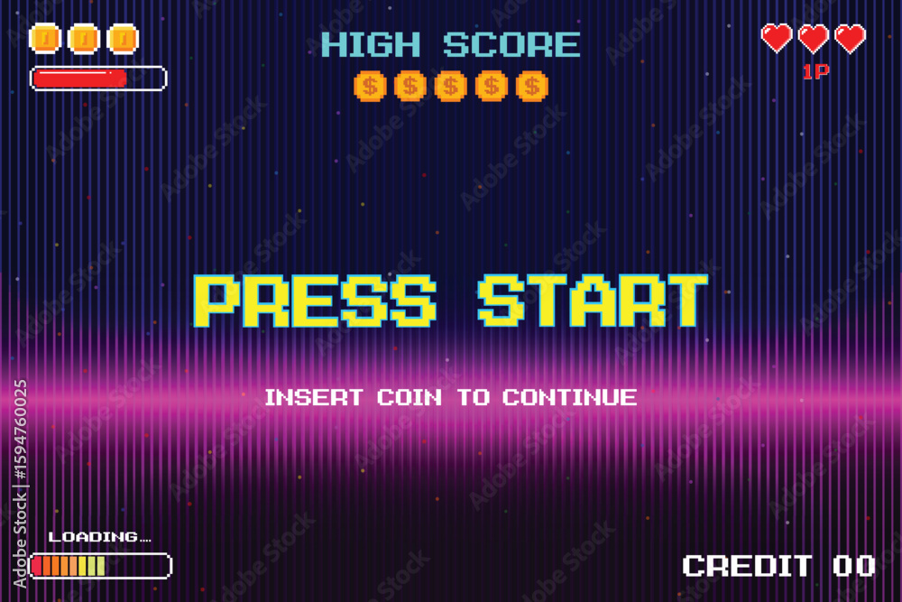 Poster press start. insert a coin to continue. pixel art. 8 bit game. retro game. for game assets. retro fu